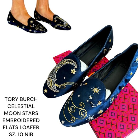 TORY BURCH MOON STARS EMBROIDERED CELESTIAL SLIP ON FLAT LOAFER SZ. 10 NIB - Picture 1 of 6